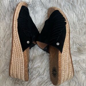 UGG Black Suede Fringe Espadrille Wedge Slides Size USA6 UK4.5 EU37